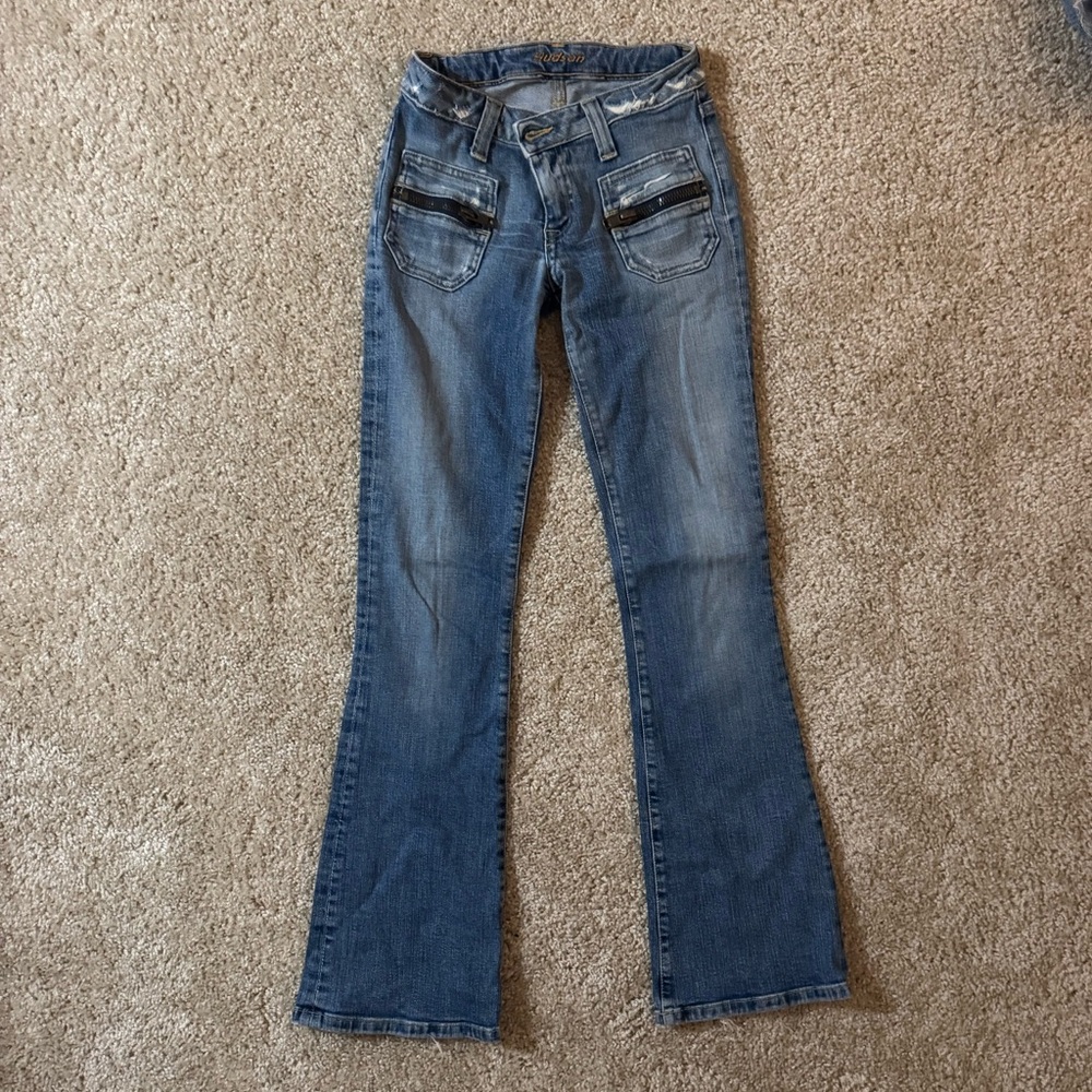 Ultra Low Rise Hudson Jeans Flare in Distressed Blue